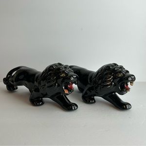 Vintage 2 prowling black lions - 12” Japanese redware ceramic with green eyes